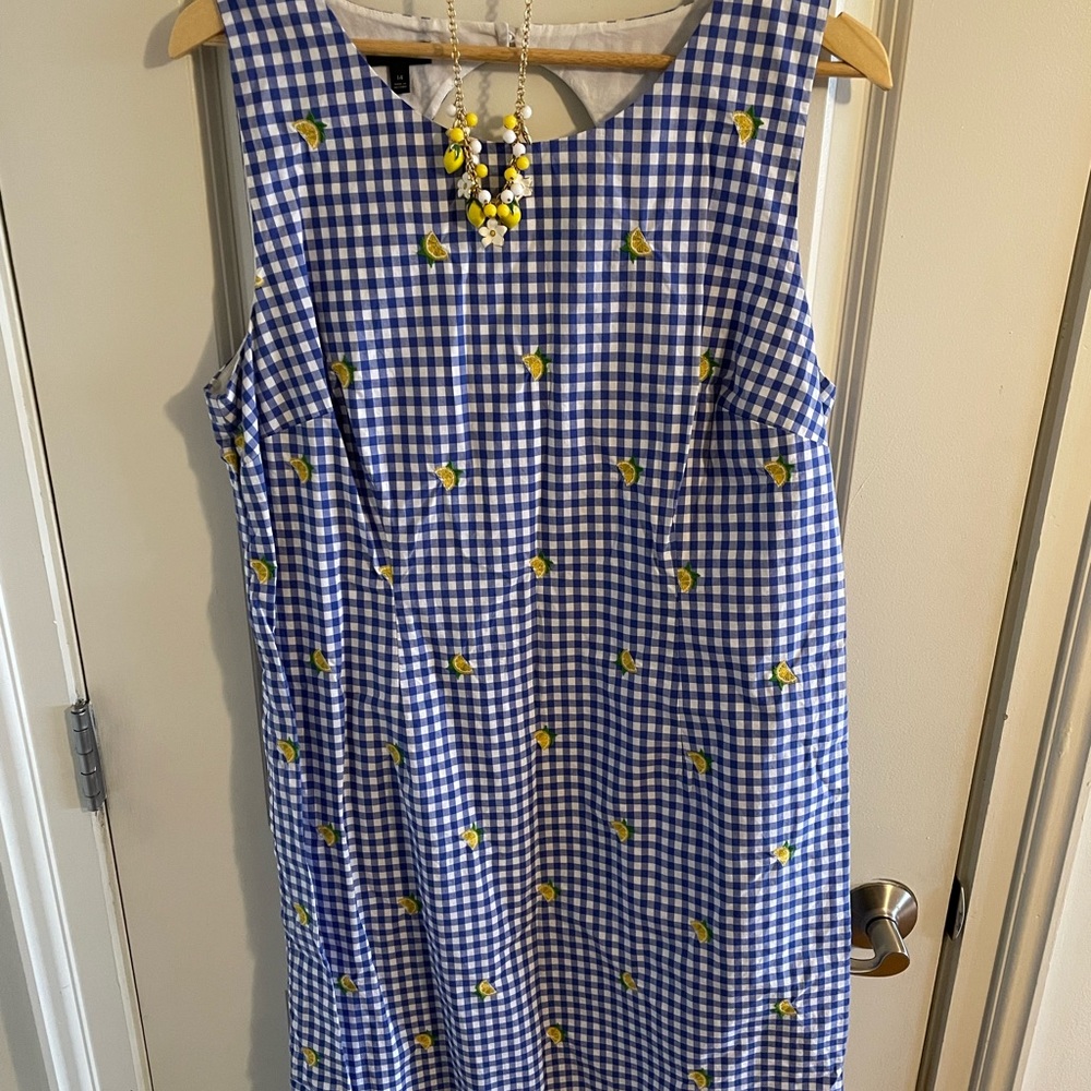 Talbots Lemon Gingham Shift Dress with Necklace